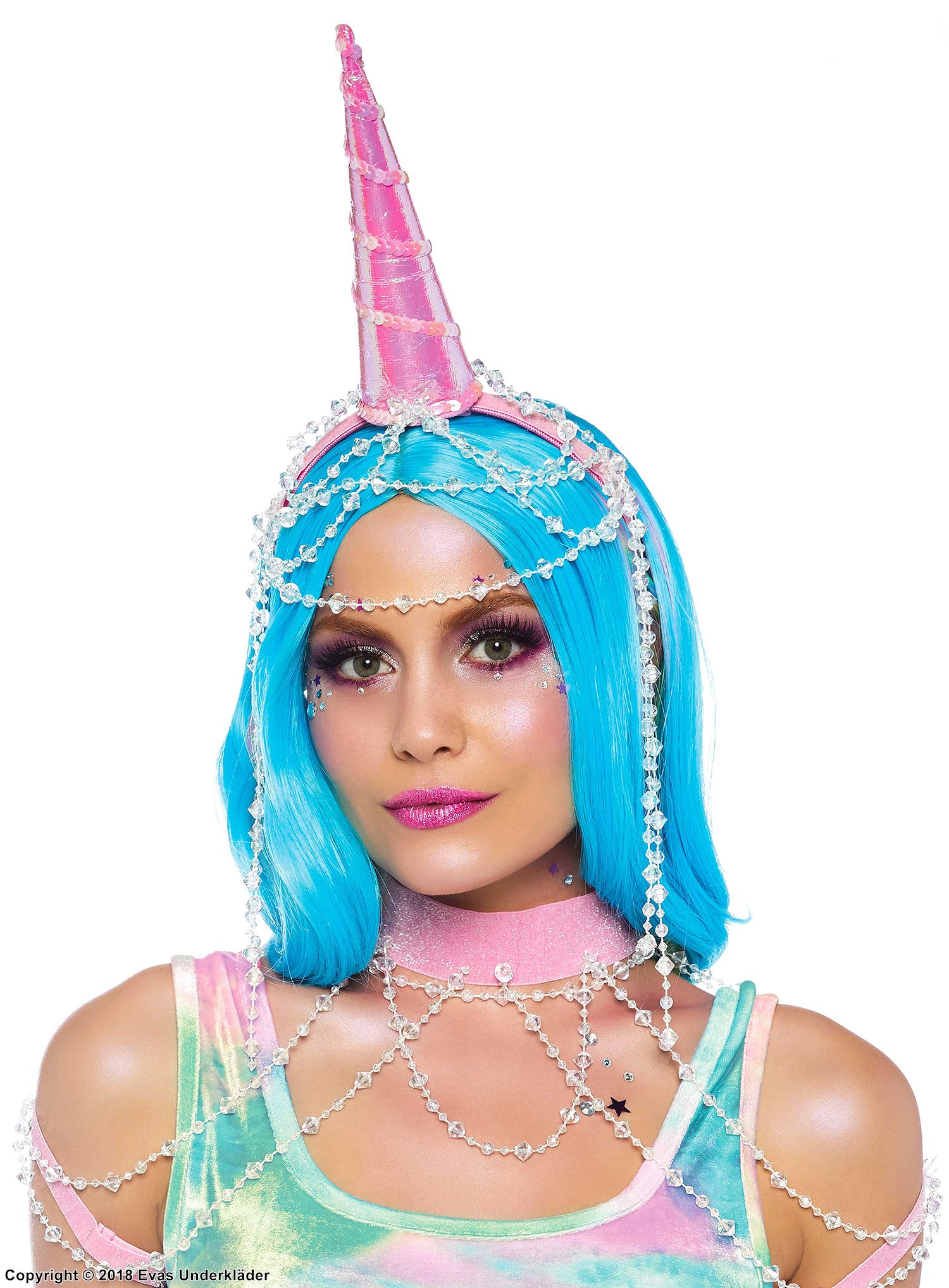 Female unicorn, costume set, sequins, beads, horn